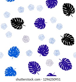 Dark BLUE vector seamless elegant pattern with flowers, leaves. Leaves, flowers in natural style on white background. Pattern for design of fabric, wallpapers.
