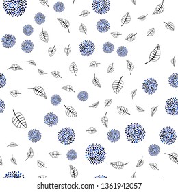 Dark BLUE vector seamless elegant wallpaper with leaves, flowers. Leaves, flowers in doodle style on white background. Pattern for trendy fabric, wallpapers.