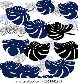 Dark BLUE vector seamless elegant wallpaper with flowers, leaves. Colorful illustration in doodle style with leaves, flowers. Pattern for trendy fabric, wallpapers.