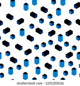 Dark BLUE vector seamless, isometric pattern in square style. Glitter abstract illustration with rectangular shapes. Texture for window blinds, curtains.