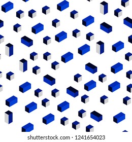 Dark BLUE vector seamless, isometric pattern in square style. Illustration with set of colorful rectangles. Template for business cards, websites.