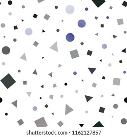 Dark BLUE vector seamless layout with circles, lines, rectangles. Illustration with set of colorful circles, triangles, squares. Pattern for design of fabric, wallpapers.