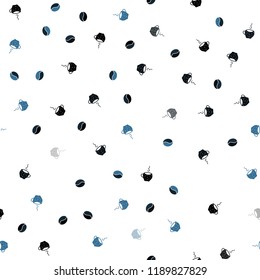 Dark BLUE vector seamless layout with coffee set. Glitter abstract backdrop with gradient mugs, coffee grains. Template of a black hot beverage in a cafe.