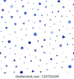 Dark BLUE vector seamless layout with circles, lines, rectangles. Glitter abstract illustration with spheres, squares, lines. Design for textile, fabric, wallpapers.
