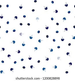 Dark BLUE vector seamless layout with coffee set. Gradient illustration with set of mugs, beans. Doodle design for your business advert of cafes.