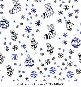 Dark BLUE vector seamless layout with bright snowflakes, balls, socks, mittens. Colorful decorative design in xmas style. Pattern for trendy fabric, wallpapers.