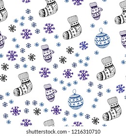 Dark BLUE vector seamless layout with bright snowflakes, balls, socks, mittens. Shining colorful illustration in christmas style. Template for business cards, websites.