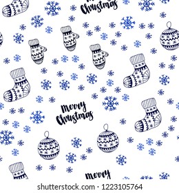 Dark BLUE vector seamless layout with bright snowflakes, balls, socks, mittens. Modern geometric abstract illustration. Design for wallpaper, fabric makers.