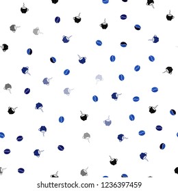Dark BLUE vector seamless layout with coffee set. Decorative gradient design of coffee cups and beans. Pattern for ads of breakfast, lunch, dinner.