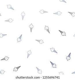 Dark BLUE vector seamless layout with ice-cream set. Glitter abstract sketch with ice-cream cones. Template of a black hot beverage in a cafe.