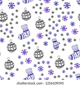 Dark BLUE vector seamless layout with bright snowflakes, balls, socks, mittens. Glitter abstract illustration with gradient. Design for textile, fabric, wallpapers.