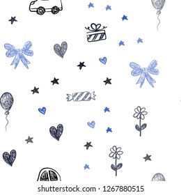 Dark BLUE vector seamless layout with new year gifts. Colorful illustration with a toy car, heart, baloon, tulip, candy, ball. Design for colorful commercials.