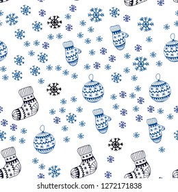 Dark BLUE vector seamless layout with bright snowflakes, balls, socks, mittens. Glitter abstract illustration with gradient. Pattern for trendy fabric, wallpapers.