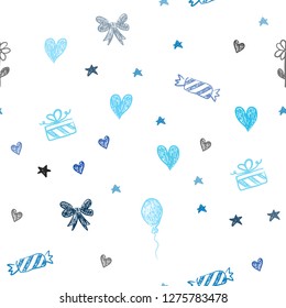 Dark BLUE vector seamless layout in new year style. Illustration with a gradientheart, baloon, candy, gift, star, ribbon. Design for colorful commercials.