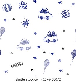 Dark BLUE vector seamless layout in new year style. Illustration with a colorful toy car, baloon, candy, star, ball. Design for holiday adverts.