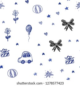 Dark BLUE vector seamless layout with new year gifts. Colorful illustration with a toy car, heart, baloon, tulip, candy, ball. Design for holiday adverts.