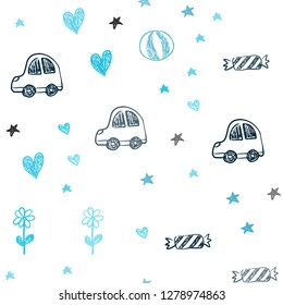Dark BLUE vector seamless layout with new year gifts. Design in xmas style with a toy car, heart, baloon, tulip, candy, ball. Pattern for birthday gifts.
