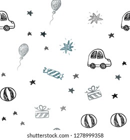 Dark BLUE vector seamless layout in new year style. Design in xmas style with a toy car, baloon, candy, star, ball. Pattern for carnival, festival ads.