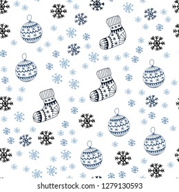 Dark BLUE vector seamless layout with bright snowflakes, balls, socks, mittens. Colorful decorative design in xmas style. Texture for window blinds, curtains.