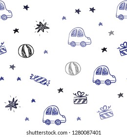 Dark BLUE vector seamless layout in new year style. Colorful illustration with a toy car, baloon, candy, star, ball. Pattern for carnival, festival ads.