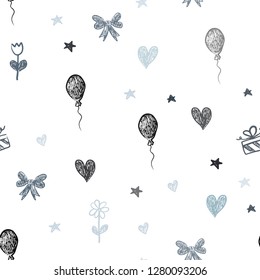 Dark BLUE vector seamless layout in new year style. Illustration with a colorfulheart, baloon, candy, gift, star, ribbon. Design for holiday adverts.