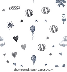 Dark BLUE vector seamless layout with new year gifts. Illustration with a gradient toy car, heart, baloon, tulip, candy, ball. Design for holiday adverts.