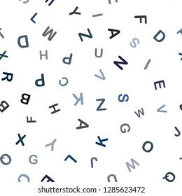 Dark BLUE vector seamless layout with latin alphabet. Modern geometrical illustration with ABC english symbols. Texture for window blinds, curtains.