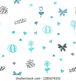 Dark BLUE vector seamless layout in new year style. Colorful illustration with aheart, baloon, candy, gift, star, ribbon. Pattern for new year ads.