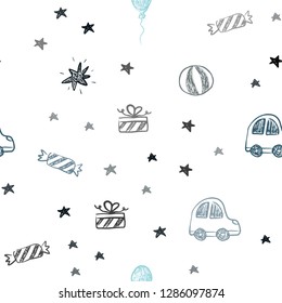 Dark BLUE vector seamless layout in new year style. Design in xmas style with a toy car, baloon, candy, star, ball. Pattern for new year ads.