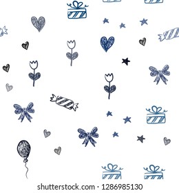 Dark BLUE vector seamless layout in new year style. Illustration with a colorfulheart, baloon, candy, gift, star, ribbon. Pattern for birthday gifts.