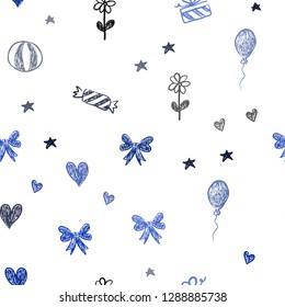 Dark BLUE vector seamless layout in new year style. Design in xmas style with aheart, baloon, candy, gift, star, ribbon. Template for new year postcards.