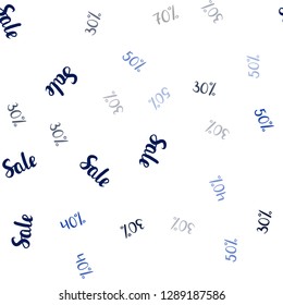 Dark BLUE vector seamless layout with discount of 30%, 40%, 50%, 70%. Gradient illustration with discount signs on white backdrop. Design for business ads, commercials.