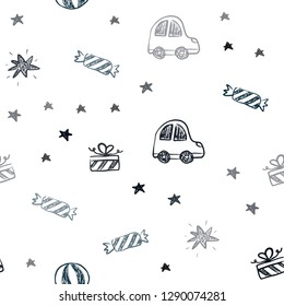 Dark BLUE vector seamless layout in new year style. Design in xmas style with a toy car, baloon, candy, star, ball. Template for new year postcards.