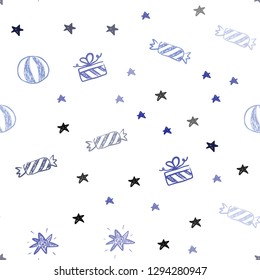 Dark BLUE vector seamless layout in new year style. Abstract illustration with a toy car, baloon, candy, star, ball. Pattern for new year ads.