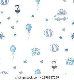 Dark BLUE vector seamless layout with new year gifts. Colorful illustration with a toy car, heart, baloon, tulip, candy, ball. Template for new year postcards.