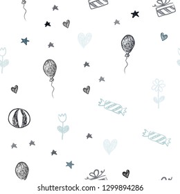 Dark BLUE vector seamless layout in new year style. Illustration with a gradientheart, baloon, candy, gift, star, ribbon. Pattern for carnival, festival ads.
