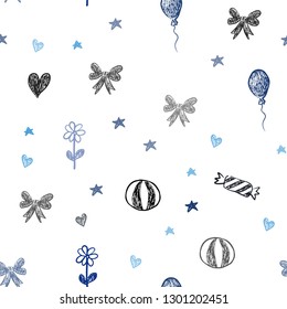 Dark BLUE vector seamless layout in new year style. Shining illustration with aheart, baloon, candy, gift, star, ribbon. Design for holiday adverts.