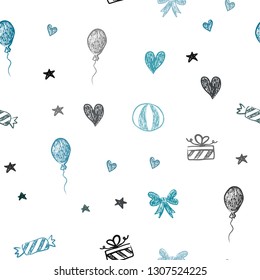 Dark BLUE vector seamless layout in new year style. Shining illustration with aheart, baloon, candy, gift, star, ribbon. Design for holiday adverts.