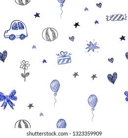 Dark BLUE vector seamless layout with new year gifts. Illustration with a colorful toy car, heart, baloon, tulip, candy, ball. Pattern for birthday gifts.