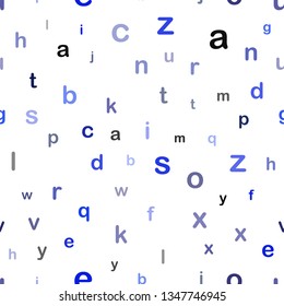 Dark BLUE vector seamless layout with latin alphabet. Blurred design in simple style with signs of alphabet. Texture for window blinds, curtains.