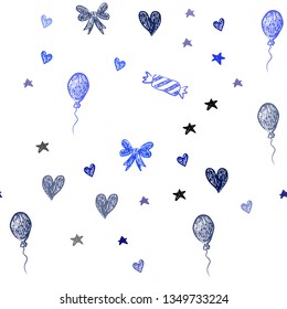 Dark BLUE vector seamless layout in new year style. Design in xmas style with aheart, baloon, candy, gift, star, ribbon. Design for colorful commercials.