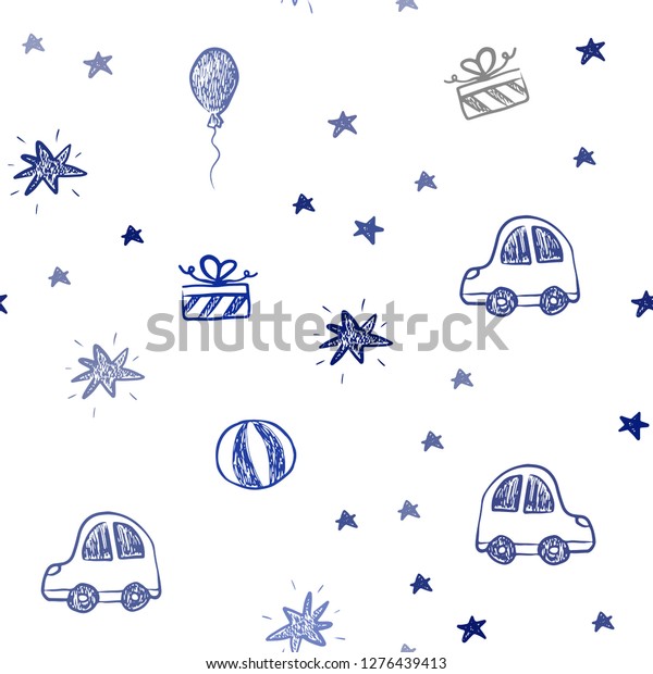 Dark BLUE vector seamless layout in new year\
style. Illustration with a colorful toy car, baloon, candy, star,\
ball. Design for colorful\
commercials.
