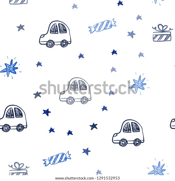 Dark BLUE vector seamless layout in new year\
style. Illustration with a colorful toy car, baloon, candy, star,\
ball. Design for colorful\
commercials.