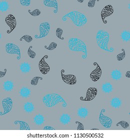 Dark BLUE vector seamless natural backdrop with leaves and flowers. Decorative design in Indian style on white background. Doodle design can be used for your web site.