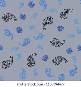 Dark BLUE vector seamless natural backdrop with leaves and flowers. Decorative design in Indian style on white background. Brand new style for your business design.