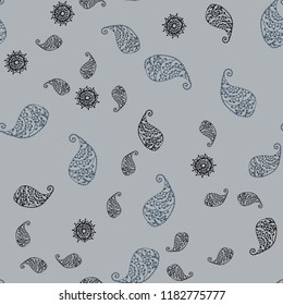 Dark BLUE vector seamless natural backdrop with leaves and flowers. Sketchy doodles on white background. Hand painted design for web, wrapping.