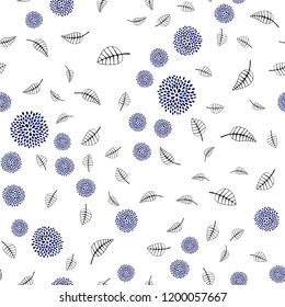 Dark BLUE vector seamless natural artwork with leaves, flowers. Leaves, flowers in doodle style on white background. Template for business cards, websites.