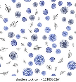 Dark BLUE vector seamless natural backdrop with leaves and flowers. Illustration with doodles on abstract template. Texture for window blinds, curtains.