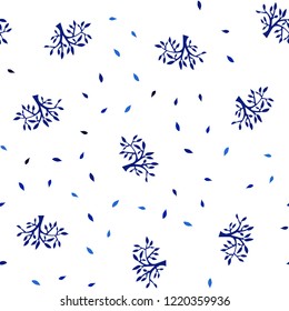 Dark BLUE vector seamless natural pattern with leaves, branches. Colorful abstract illustration with leaves in doodle style. Texture for window blinds, curtains.