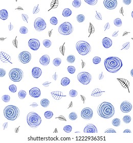Dark BLUE vector seamless natural artwork with leaves and flowers. Colorful abstract illustration with leaves in doodle style. Template for business cards, websites.